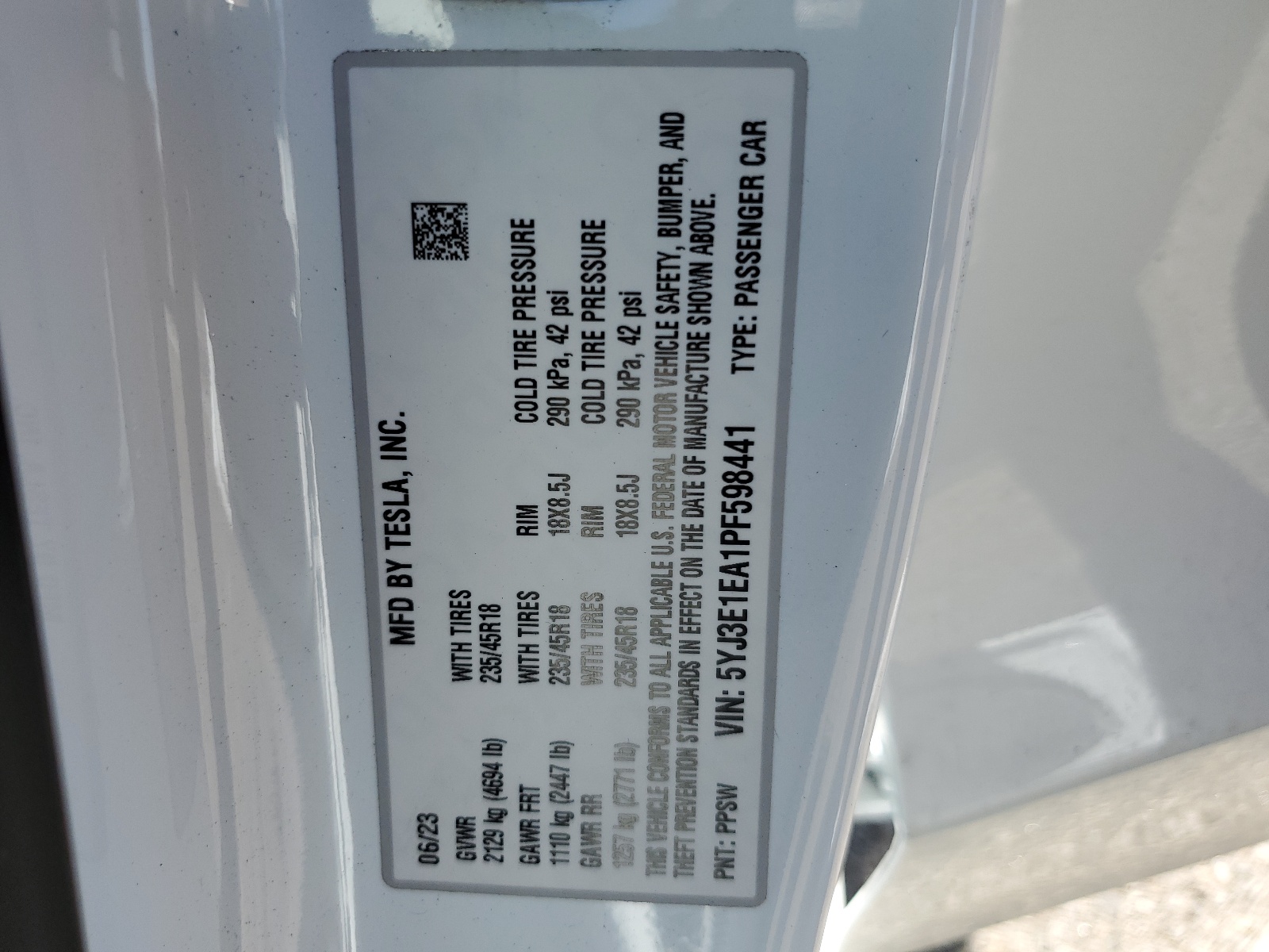 5YJ3E1EA1PF598441 2023 Tesla Model 3