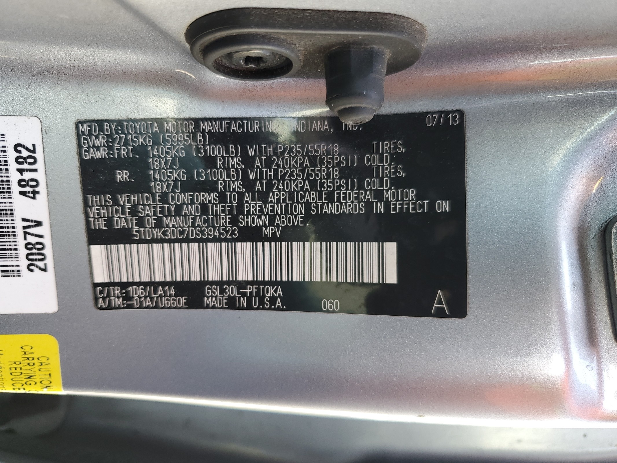 2013 Toyota Sienna Xle vin: 5TDYK3DC7DS394523