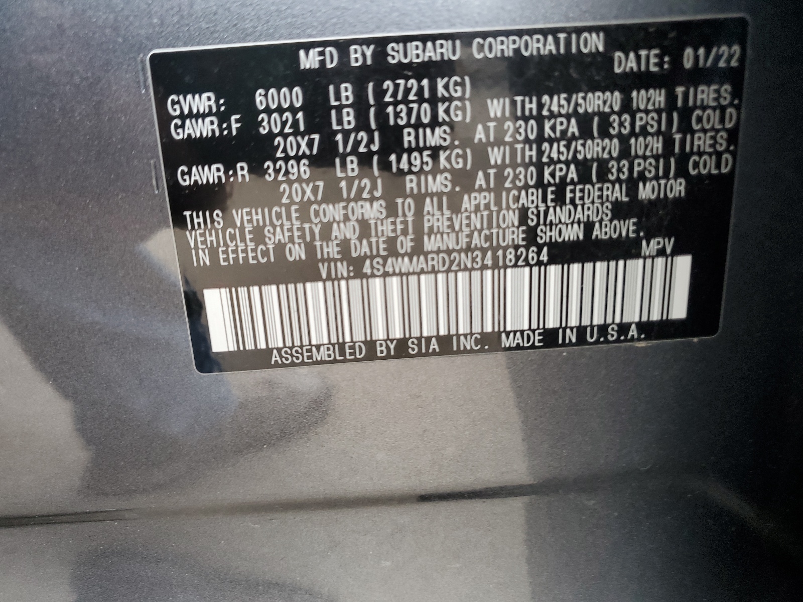 4S4WMARD2N3418264 2022 Subaru Ascent Touring