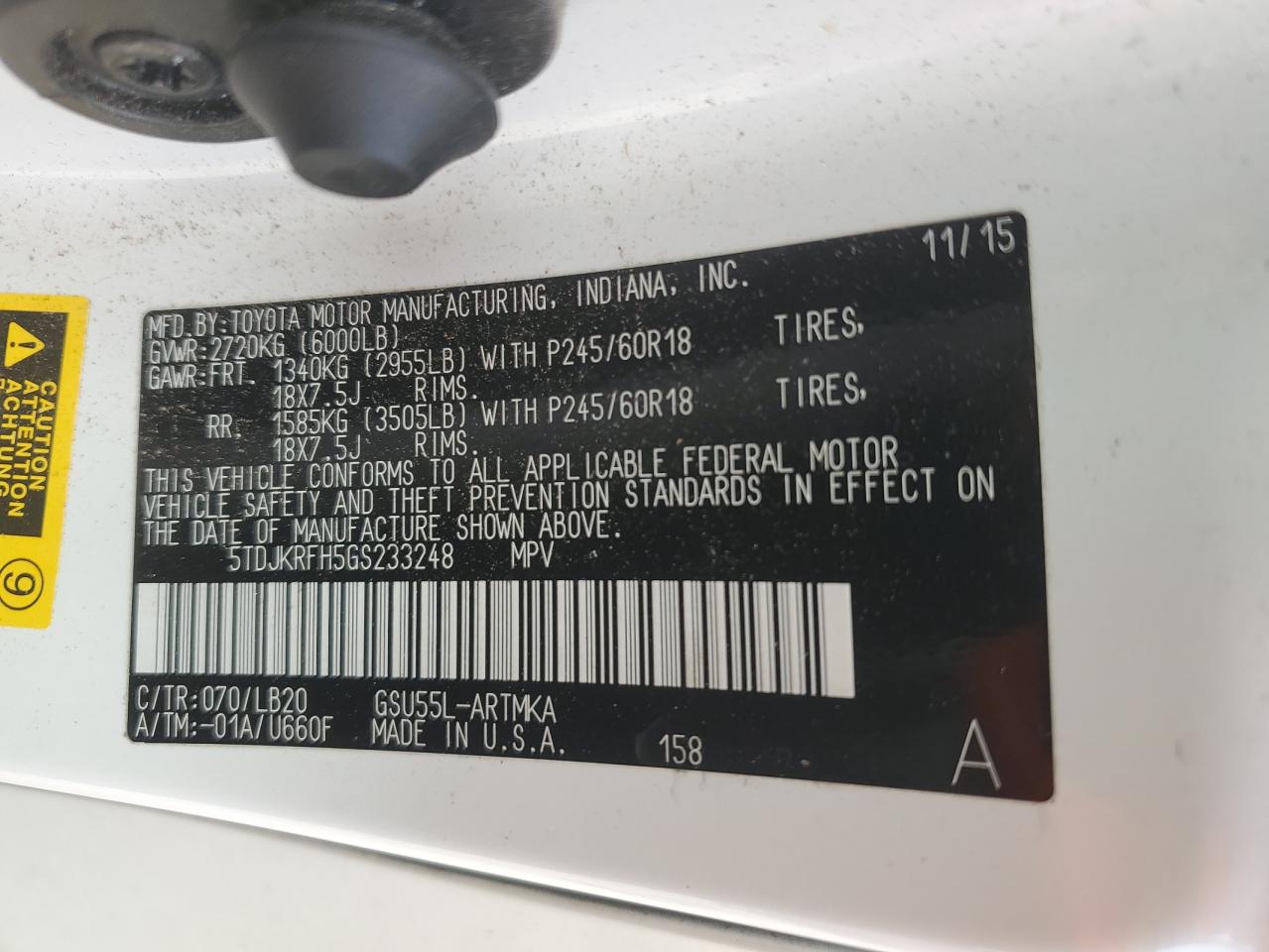 2016 Toyota Highlander Xle VIN: 5TDJKRFH5GS233248 Lot: 54141214