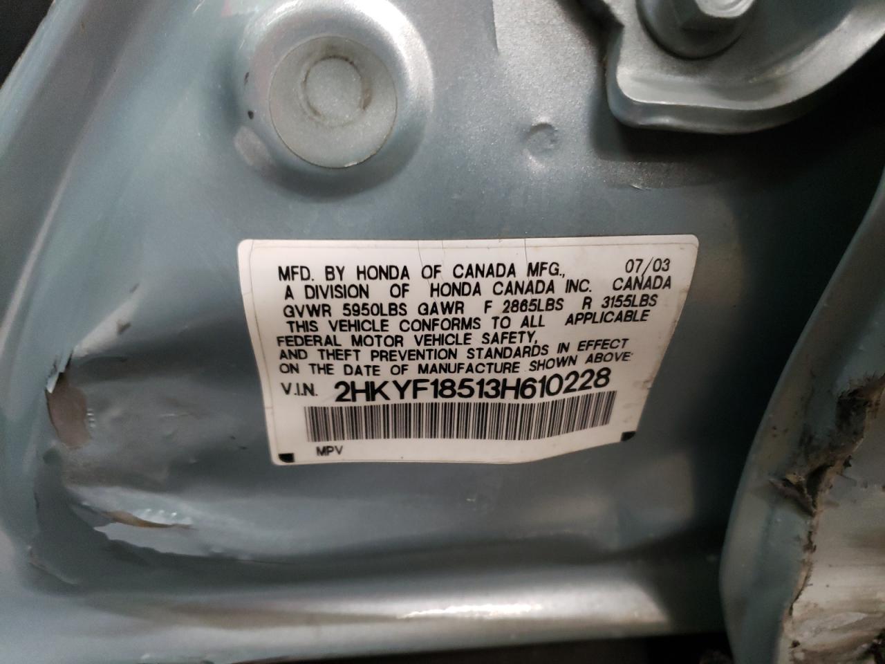 2003 Honda Pilot Exl VIN: 2HKYF18513H610228 Lot: 54734434