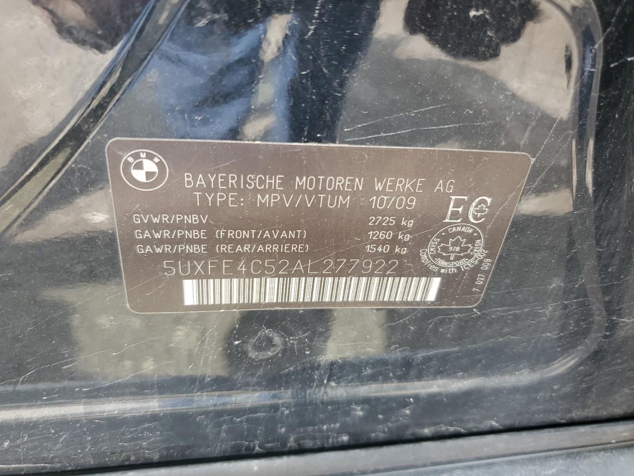 2010 BMW X5 xDrive30I VIN: 5UXFE4C52AL277922 Lot: 53414644