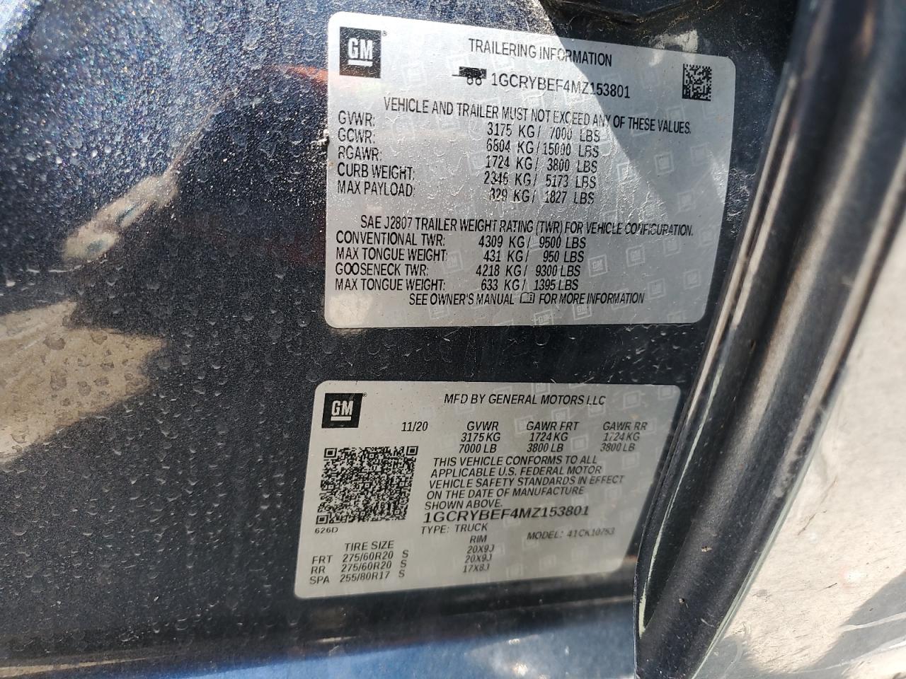 2021 Chevrolet Silverado K1500 Custom VIN: 1GCRYBEF4MZ153801 Lot: 56205864