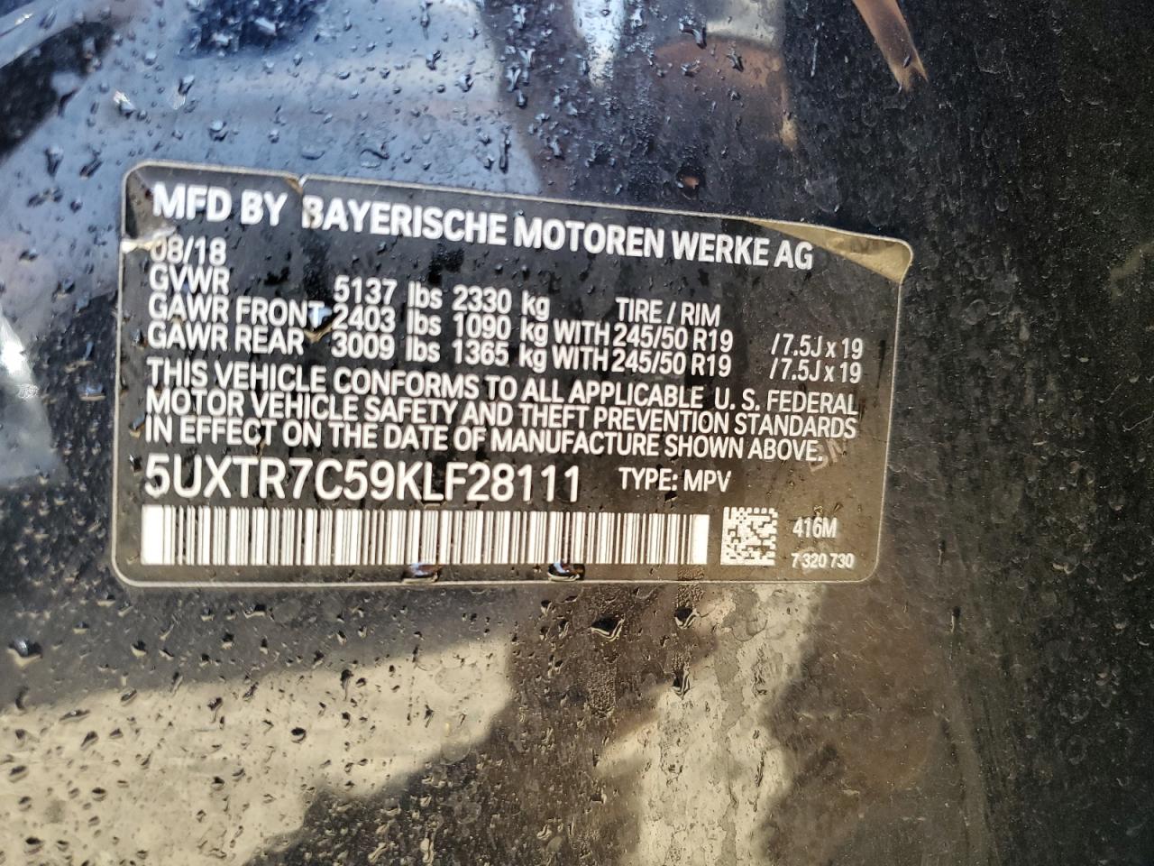 2019 BMW X3 Sdrive30I VIN: 5UXTR7C59KLF28111 Lot: 56260484