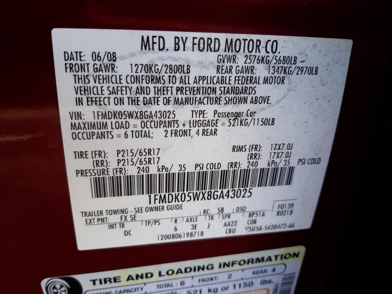 2008 Ford Taurus X Sel VIN: 1FMDK05WX8GA43025 Lot: 54814714