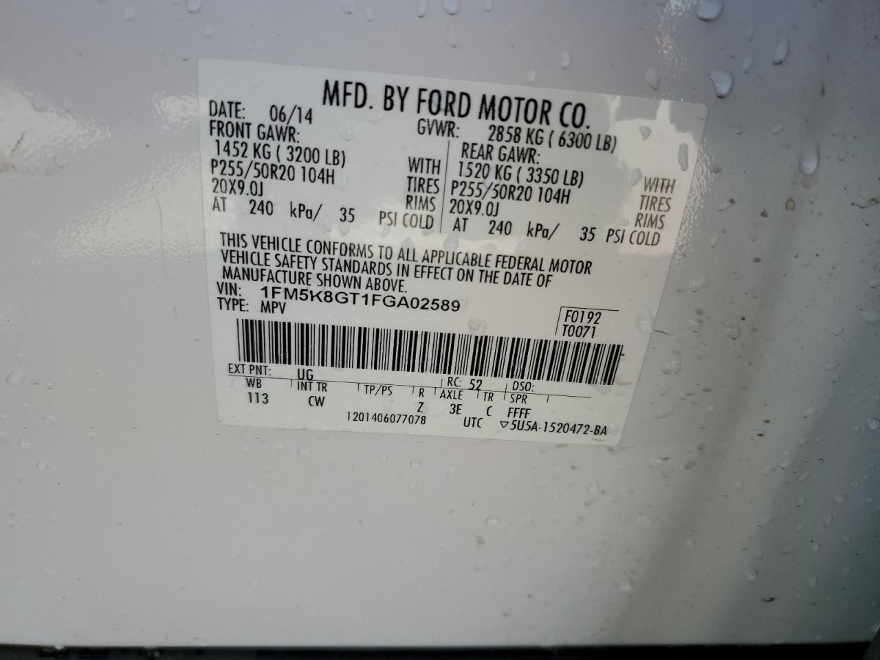 2015 Ford Explorer Sport VIN: 1FM5K8GT1FGA02589 Lot: 57152654