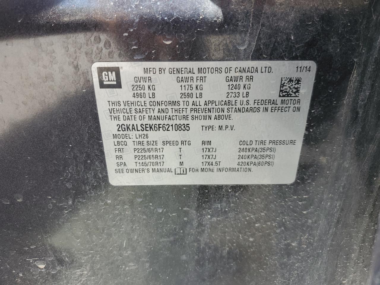 2015 GMC Terrain Slt VIN: 2GKALSEK6F6210835 Lot: 51580484