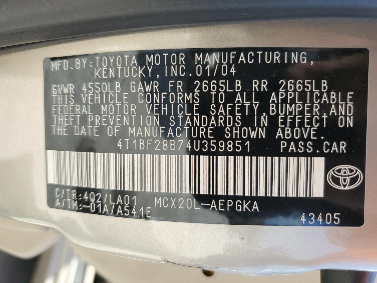 4T1BF28B74U359851 2004 Toyota Avalon Xl