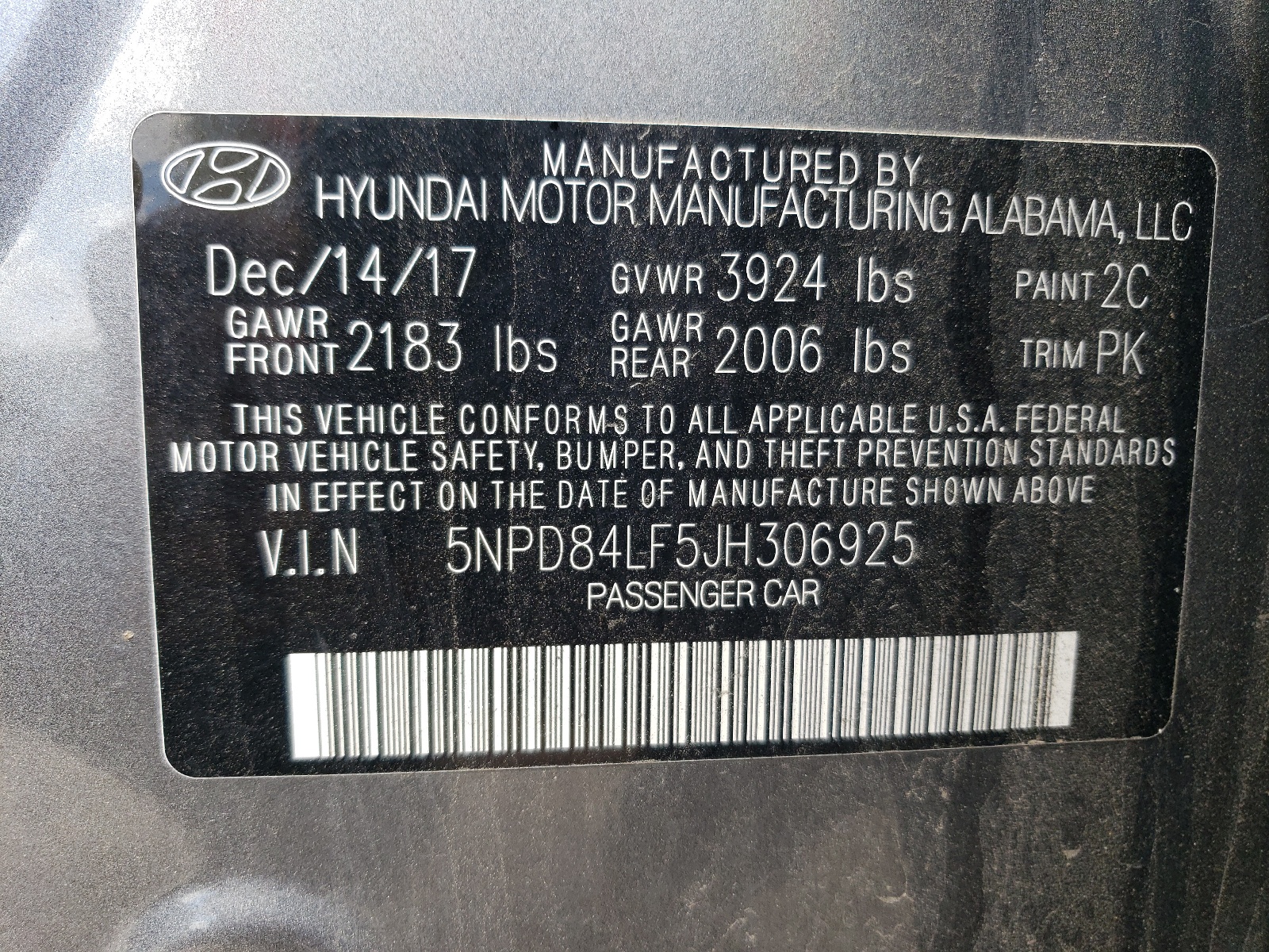 5NPD84LF5JH306925 2018 Hyundai Elantra Sel