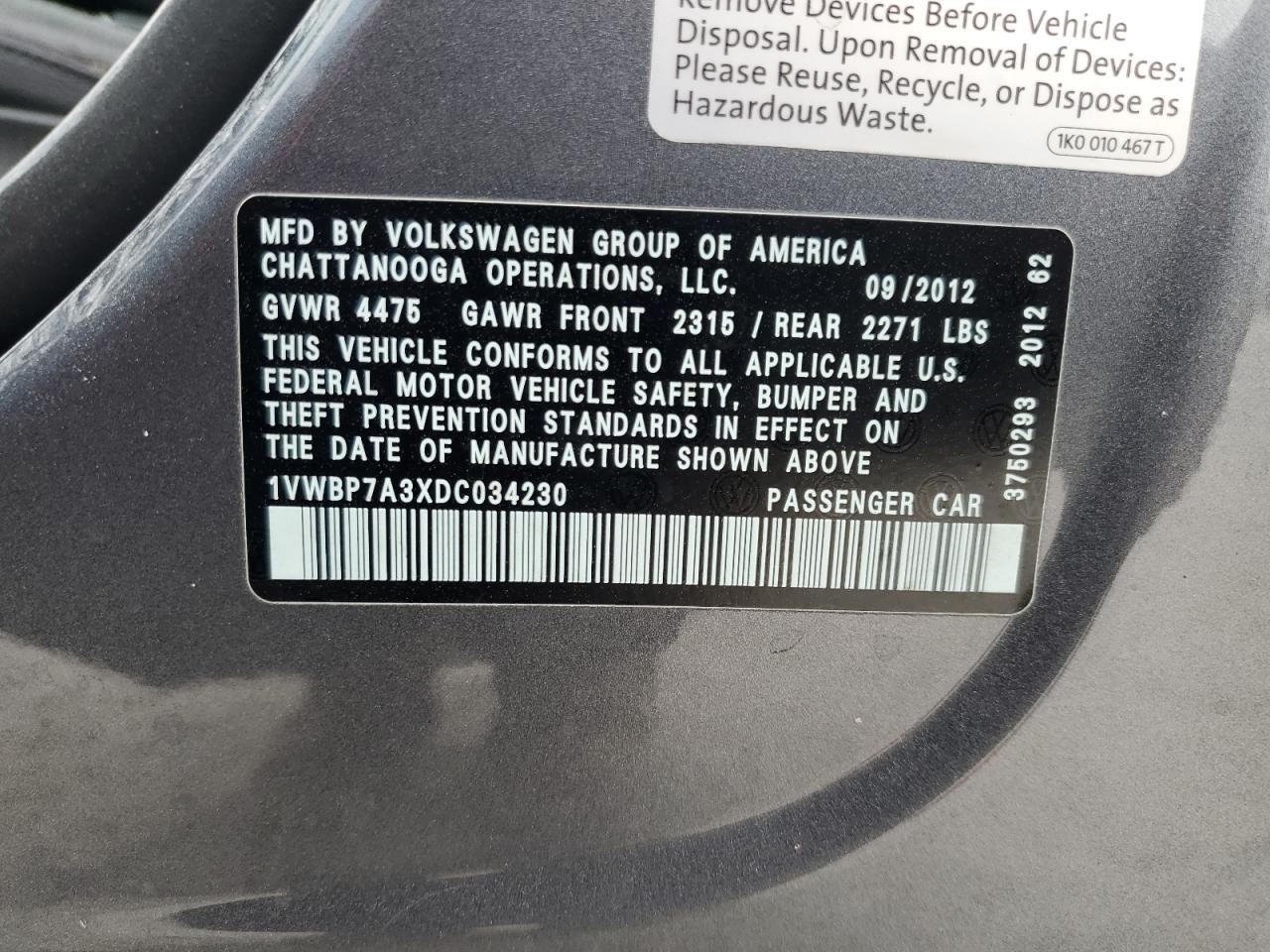 2013 Volkswagen Passat Se VIN: 1VWBP7A3XDC034230 Lot: 54911004