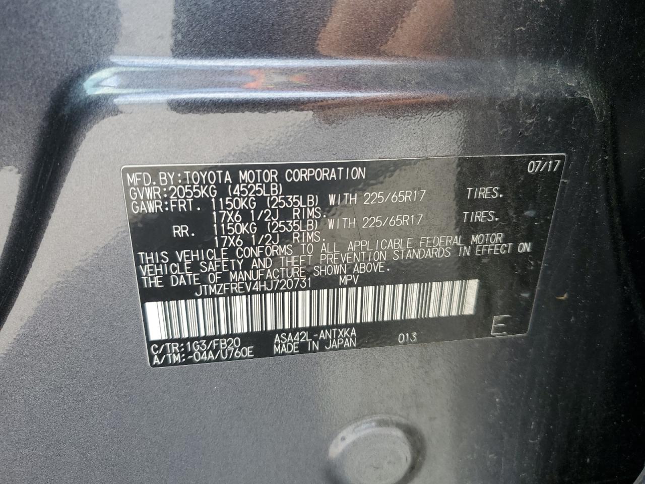 2017 Toyota Rav4 Le VIN: JTMZFREV4HJ720731 Lot: 53997074