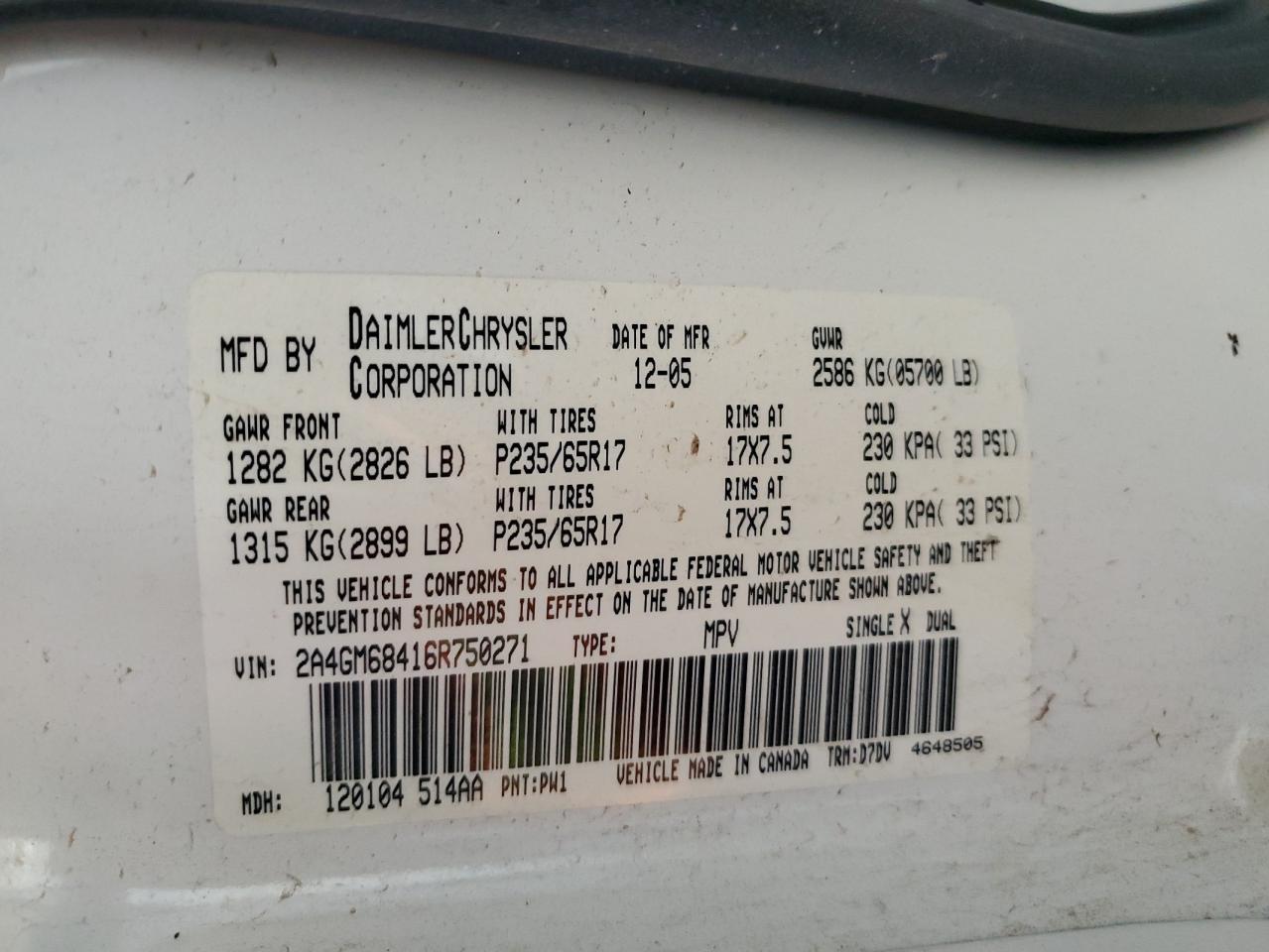 2006 Chrysler Pacifica Touring VIN: 2A4GM68416R750271 Lot: 57384394