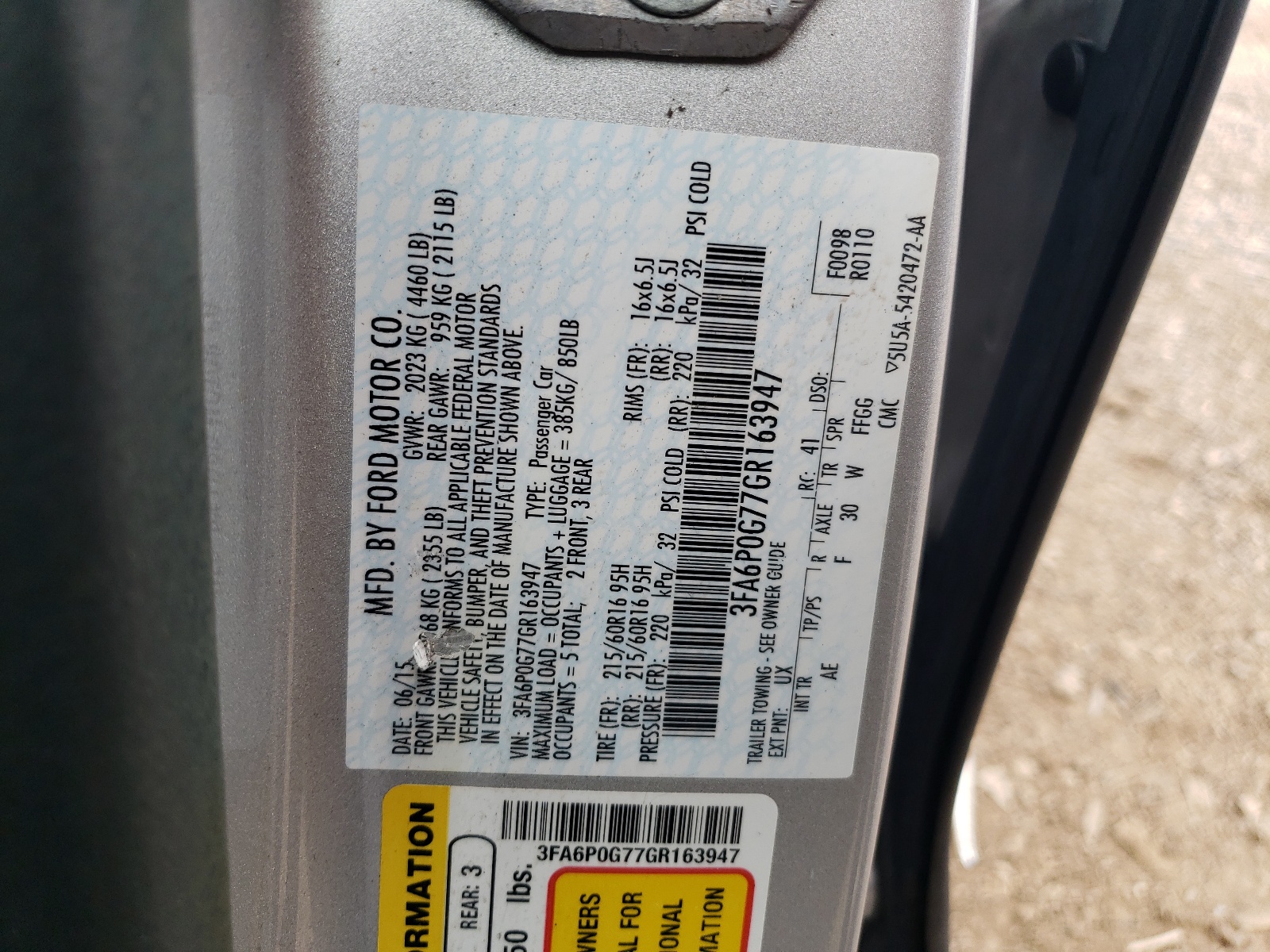 3FA6P0G77GR163947 2016 Ford Fusion S