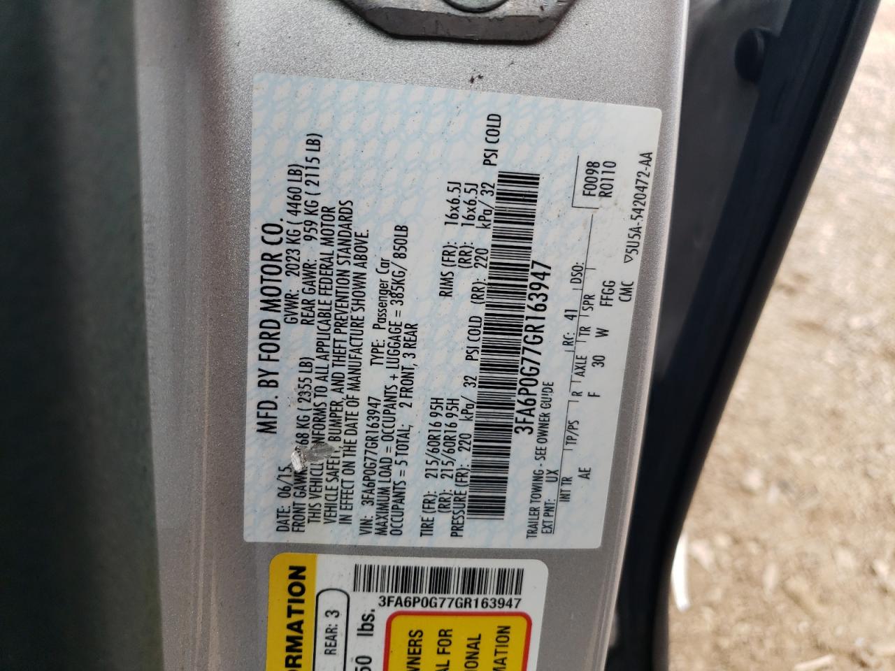 2016 Ford Fusion S VIN: 3FA6P0G77GR163947 Lot: 53395944