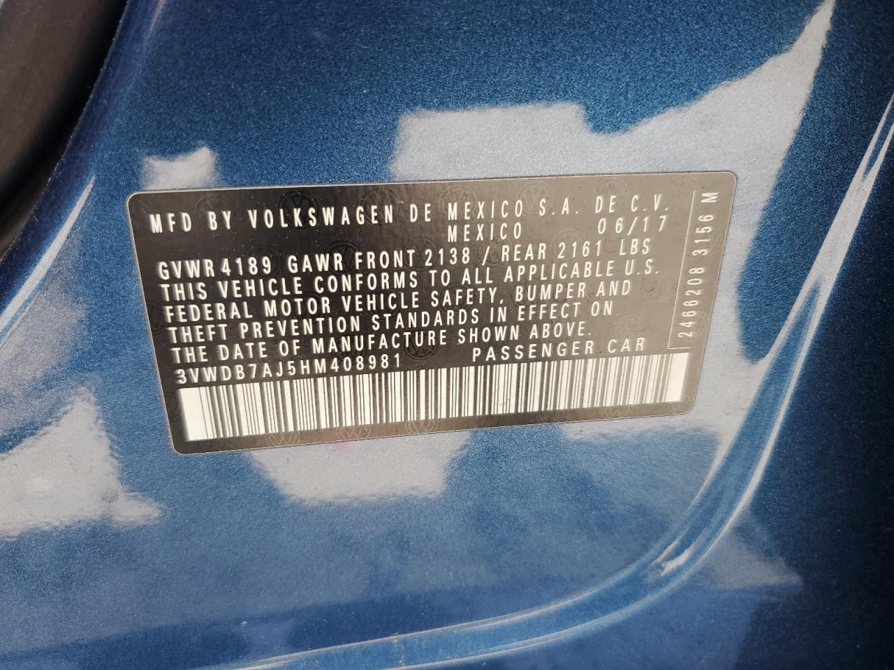 2017 Volkswagen Jetta Se VIN: 3VWDB7AJ5HM408981 Lot: 54050274