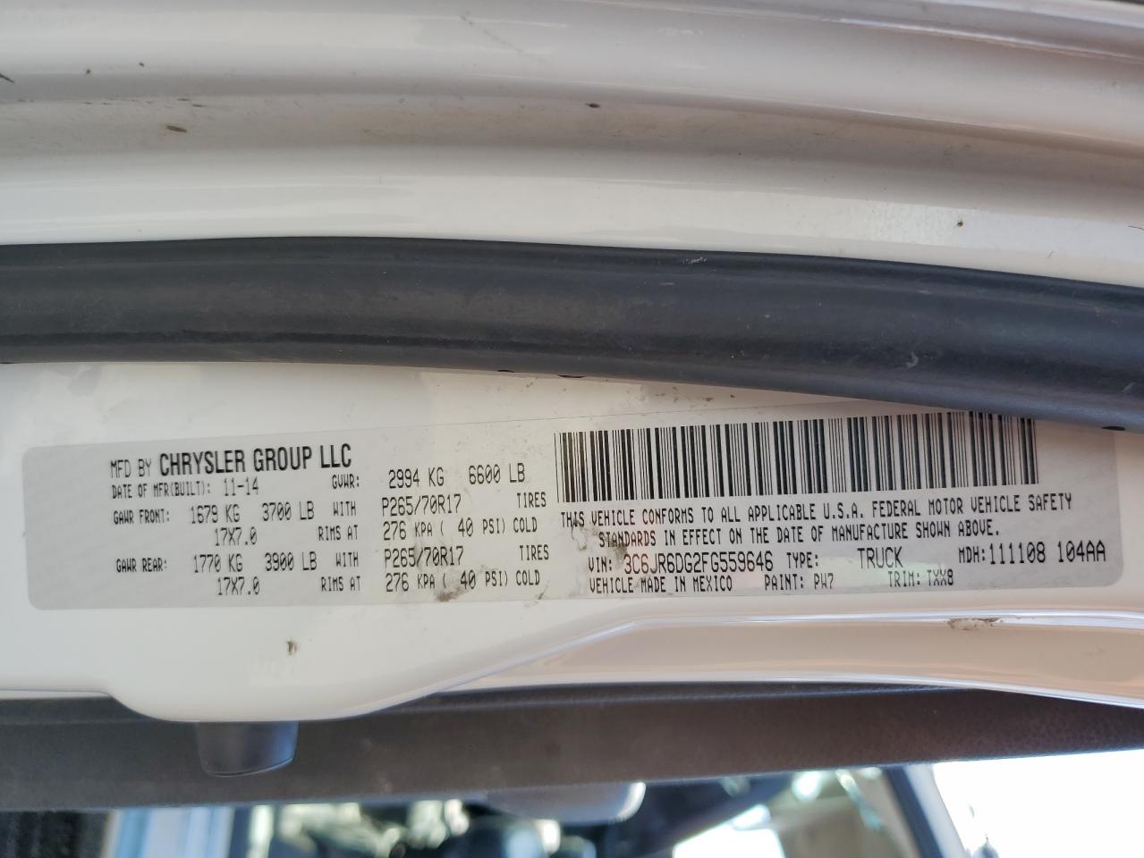 2015 Ram 1500 St VIN: 3C6JR6DG2FG559646 Lot: 55346544