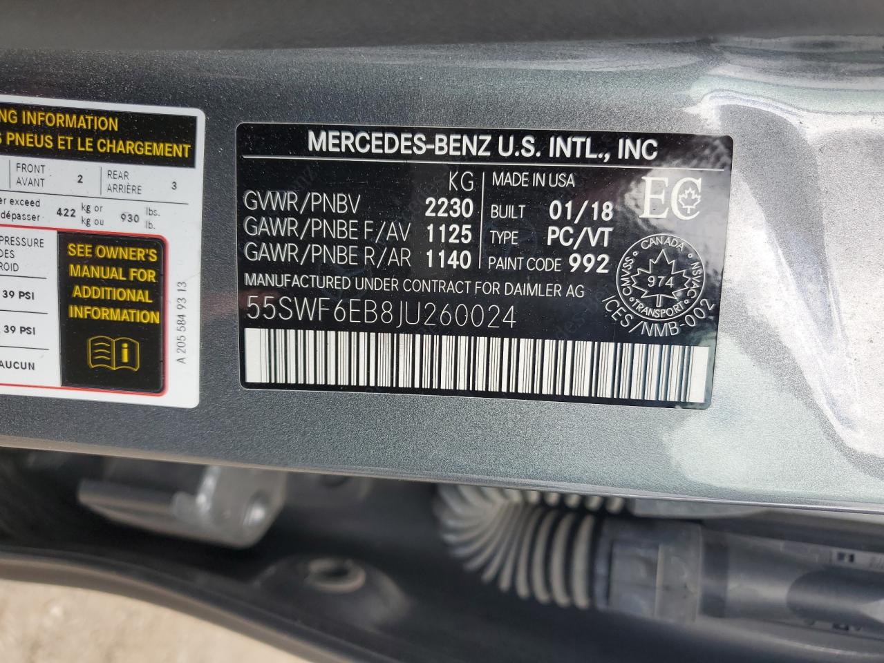 2018 Mercedes-Benz C 43 4Matic Amg VIN: 55SWF6EB8JU260024 Lot: 56748324