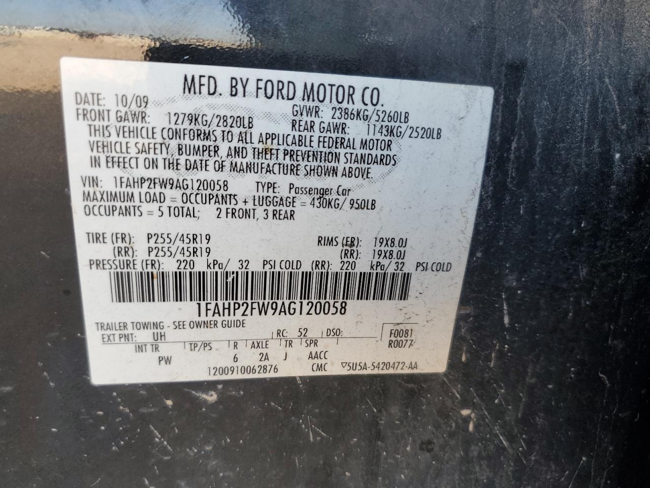 1FAHP2FW9AG120058 2010 Ford Taurus Limited