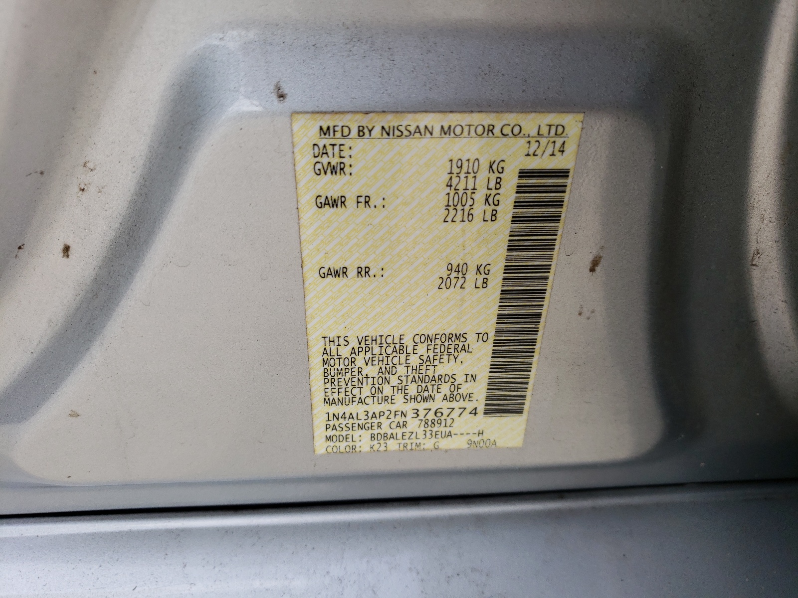 1N4AL3AP2FN376774 2015 Nissan Altima 2.5