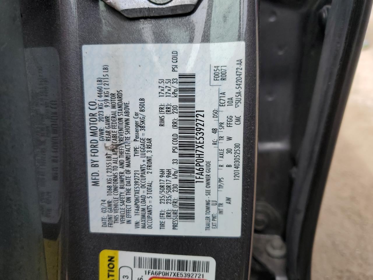 1FA6P0H7XE5392721 2014 Ford Fusion Se