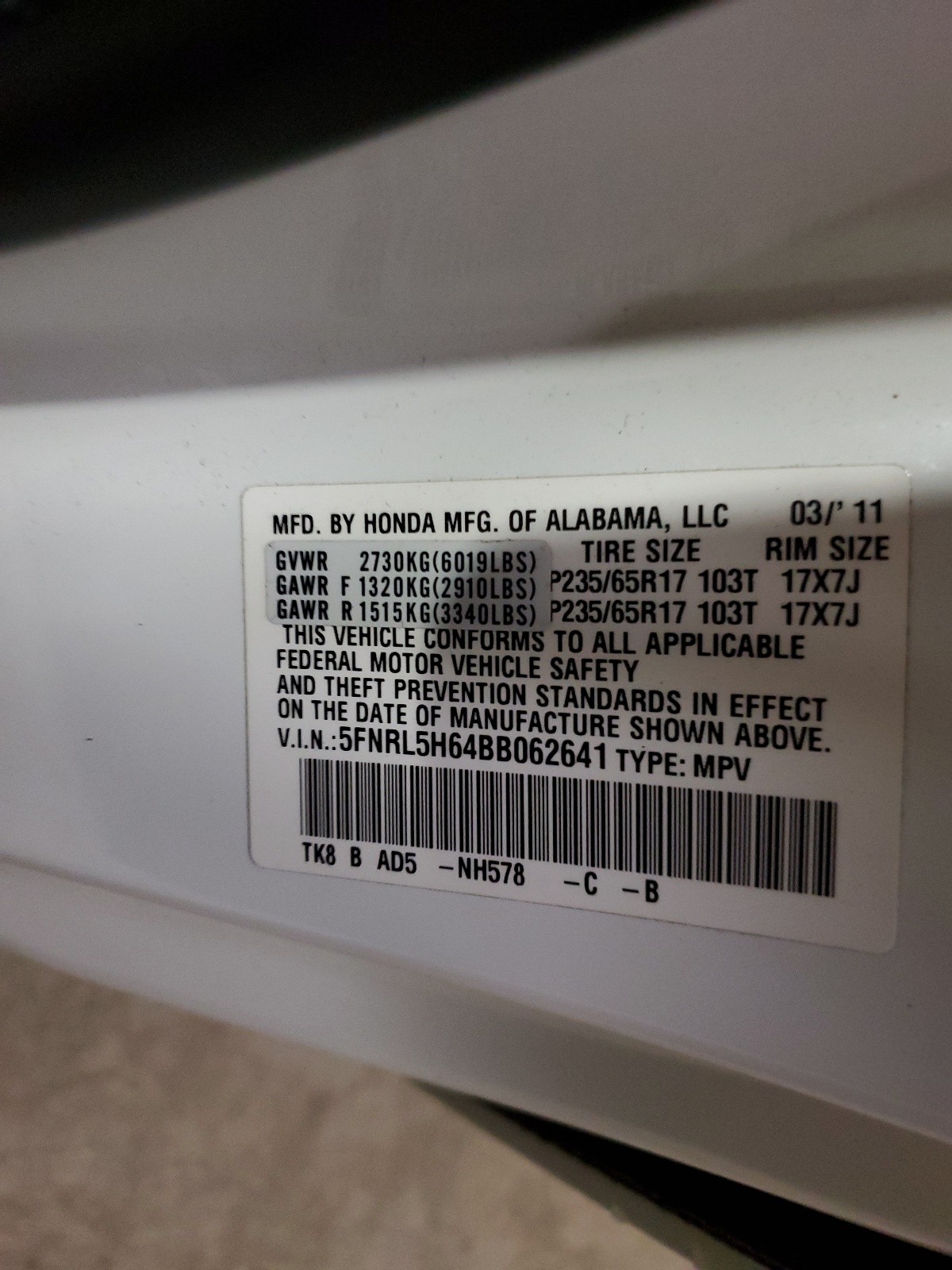 5FNRL5H64BB062641 2011 Honda Odyssey Exl