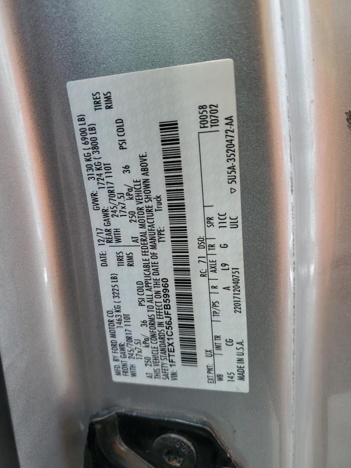 2018 Ford F150 Super Cab VIN: 1FTEX1C56JFB59960 Lot: 56086454