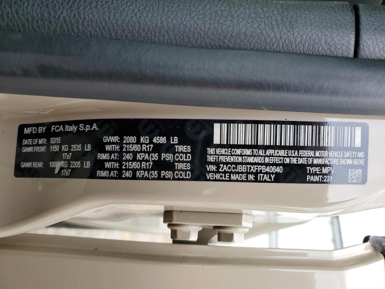 2015 Jeep Renegade Latitude VIN: ZACCJBBTXFPB40640 Lot: 53846994