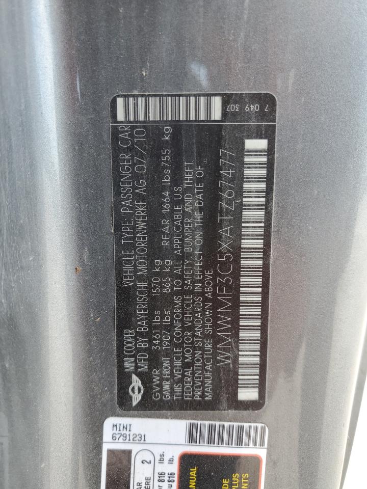 2010 Mini Cooper VIN: WMWMF3C5XATZ67477 Lot: 54453484
