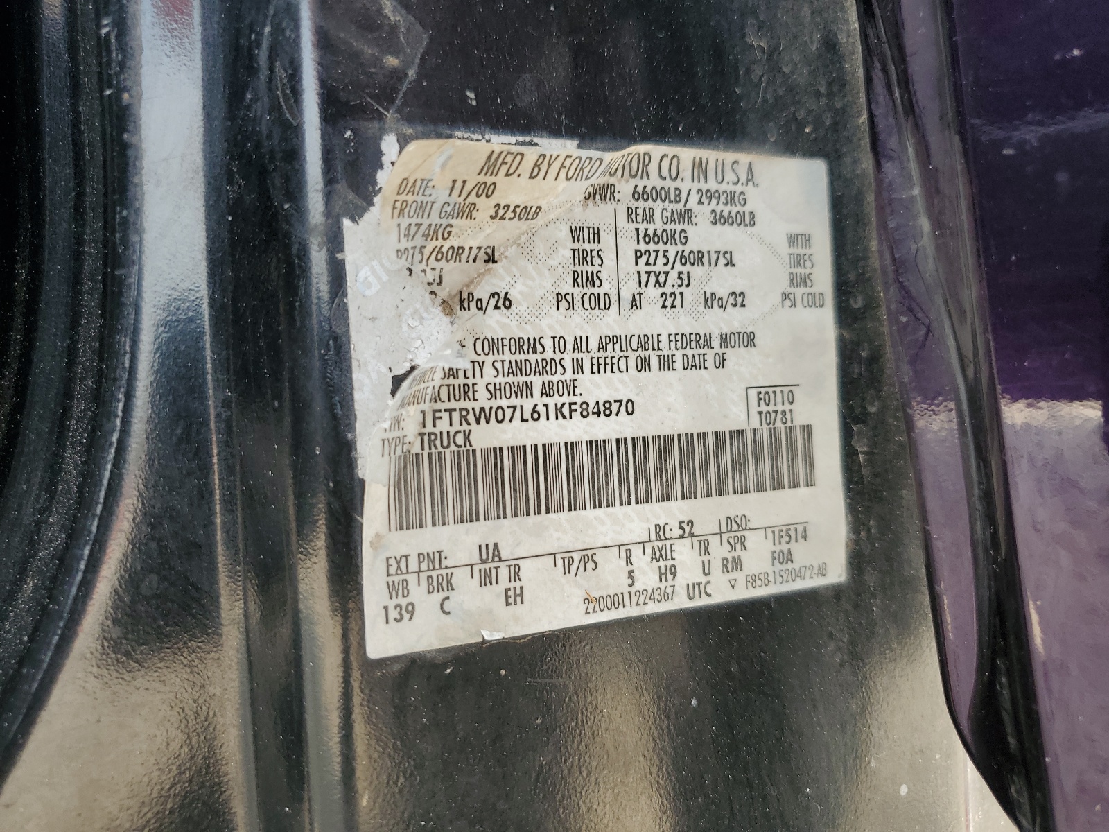 1FTRW07L61KF84870 2001 Ford F150 Supercrew