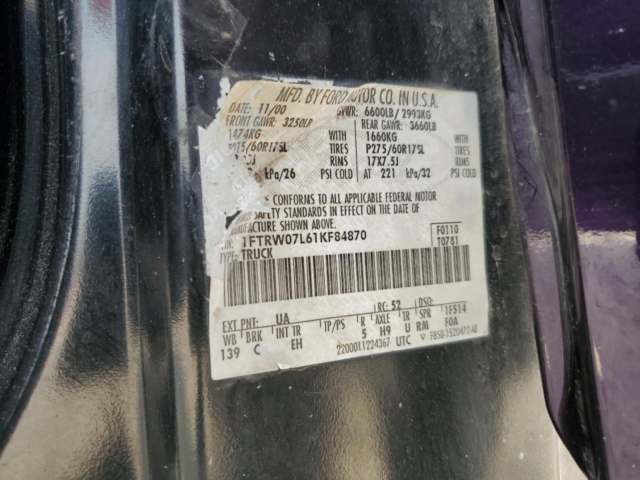 2001 Ford F150 Supercrew VIN: 1FTRW07L61KF84870 Lot: 56411364