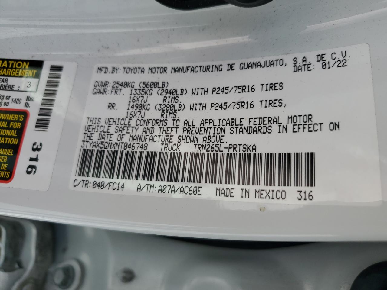 2022 Toyota Tacoma Double Cab VIN: 3TYAX5GNXNT046748 Lot: 54175604