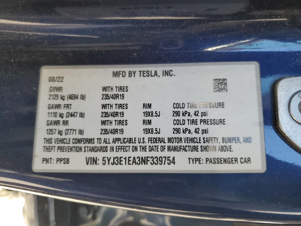 2022 Tesla Model 3 VIN: 5YJ3E1EA3NF339754 Lot: 56453184