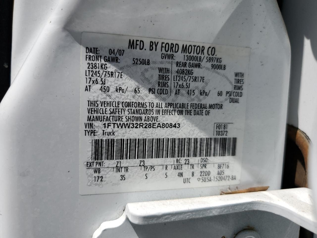 2008 Ford F350 Super Duty VIN: 1FTWW32R28EA80843 Lot: 56376624