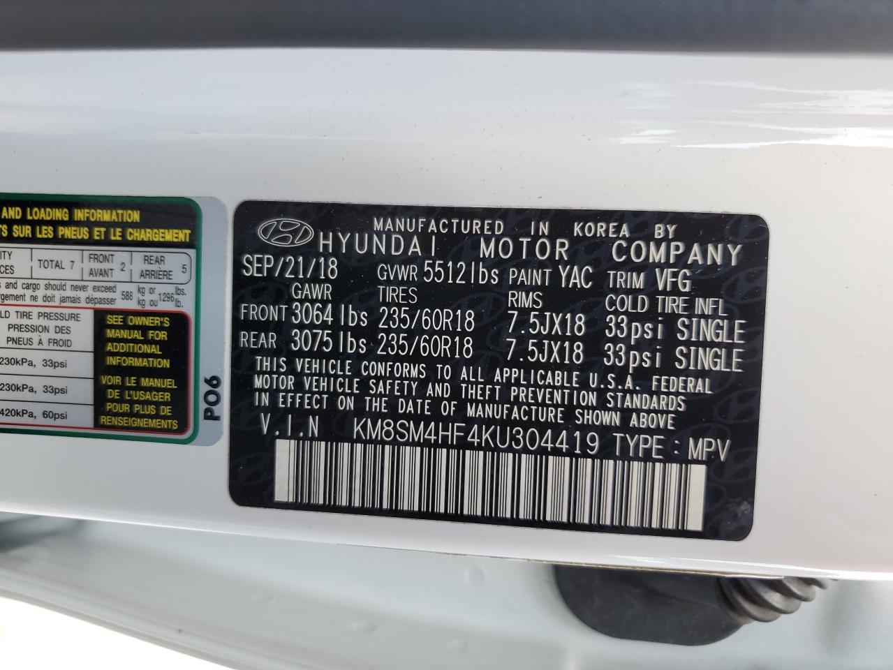 2019 Hyundai Santa Fe Xl Se VIN: KM8SM4HF4KU304419 Lot: 52949924