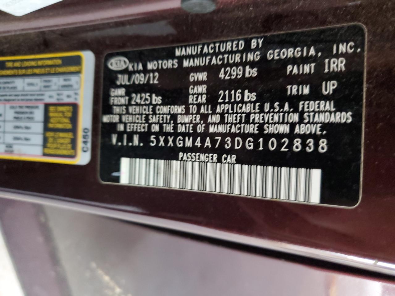 2013 Kia Optima Lx VIN: 5XXGM4A73DG102838 Lot: 56593464