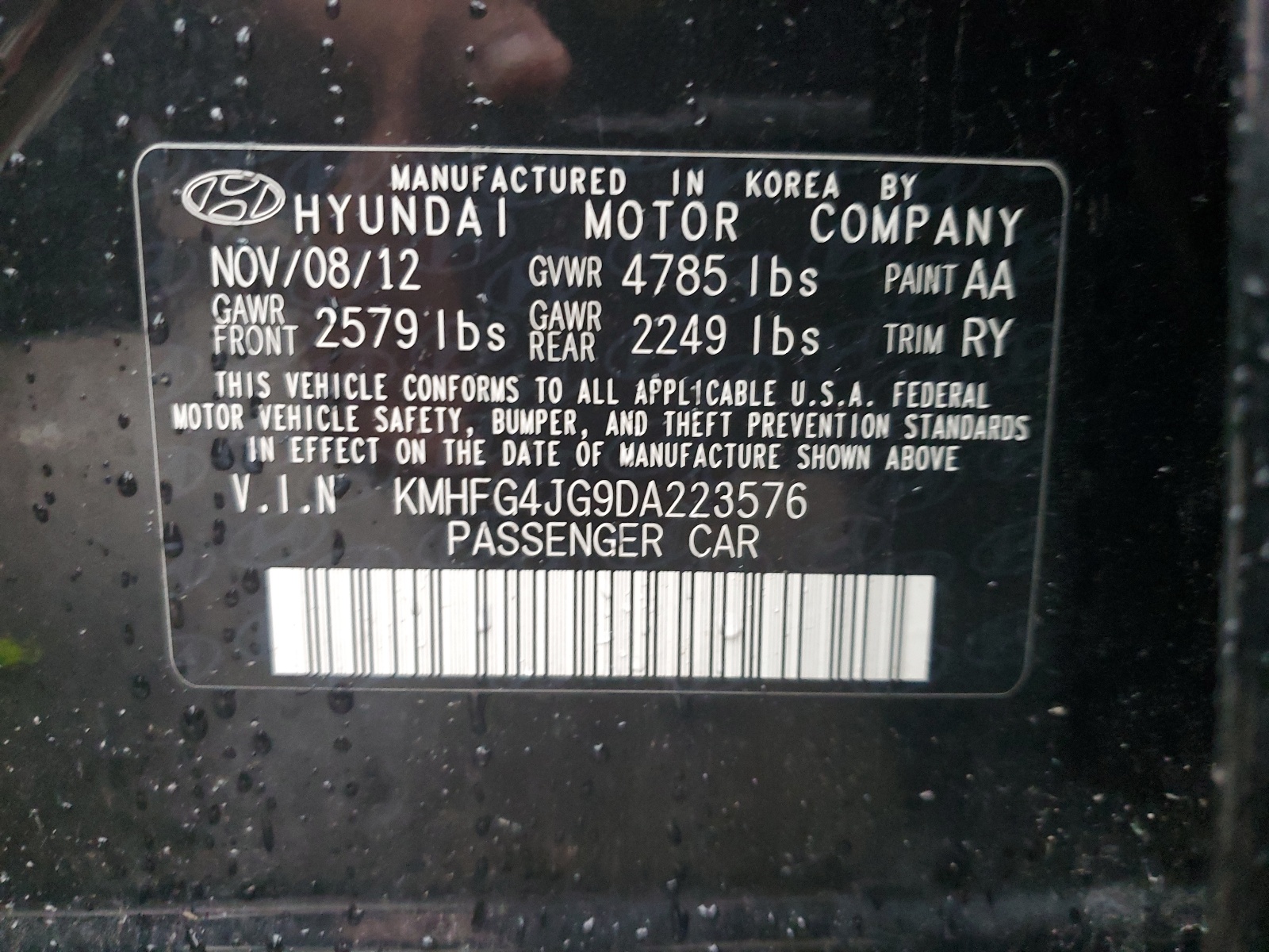 KMHFG4JG9DA223576 2013 Hyundai Azera