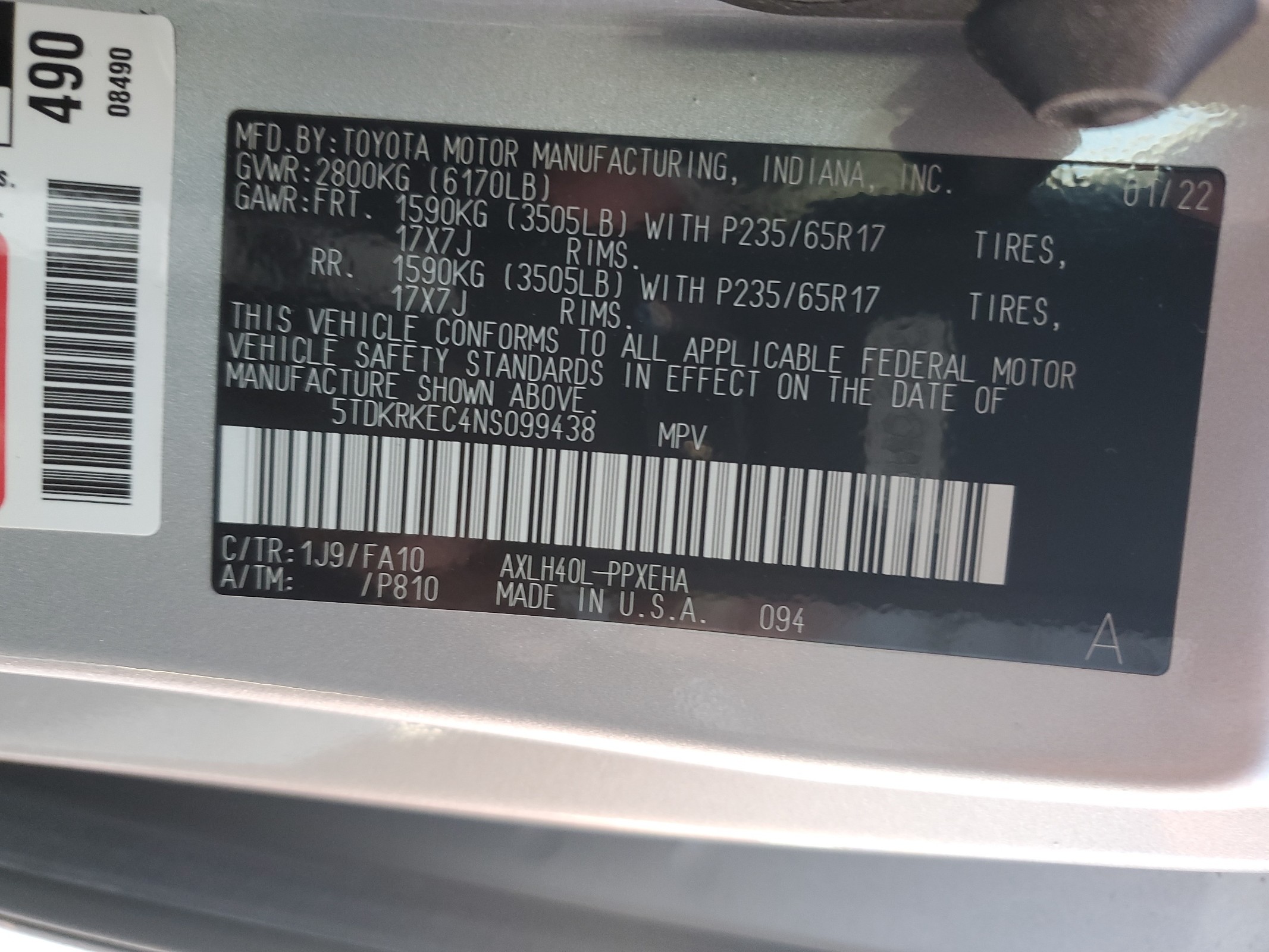 5TDKRKEC4NS099438 2022 Toyota Sienna Le
