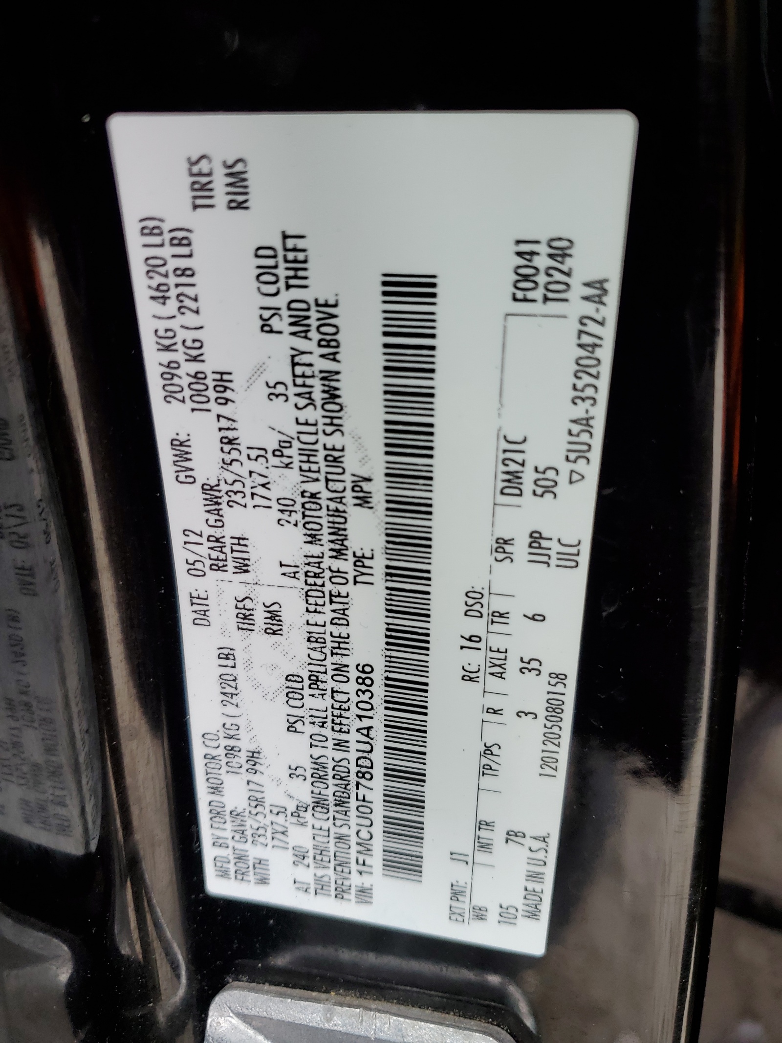 1FMCU0F78DUA10386 2013 Ford Escape S