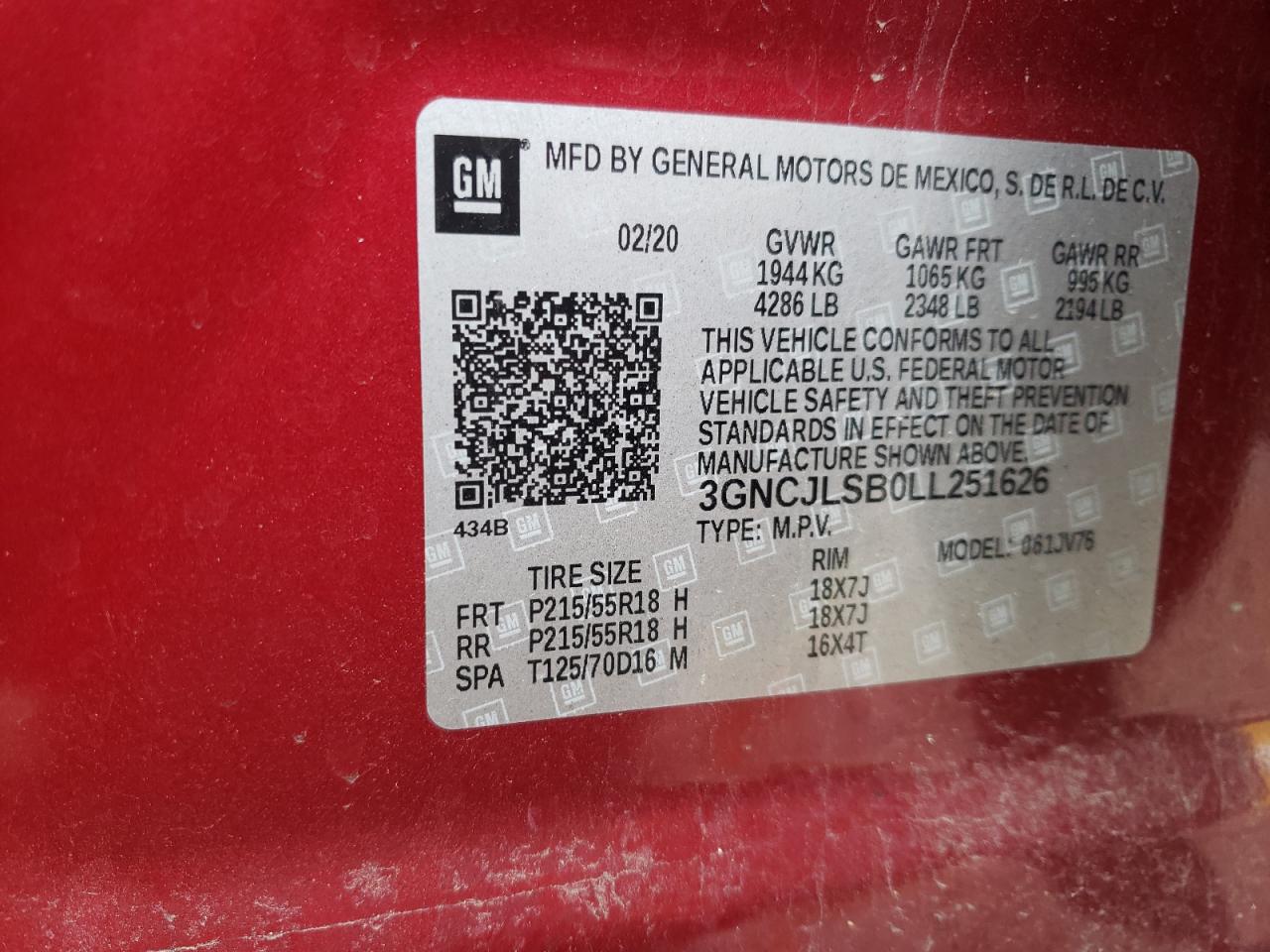 3GNCJLSB0LL251626 2020 Chevrolet Trax 1Lt