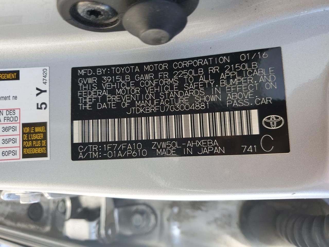 VIN JTDKBRFU7G3004881 2016 TOYOTA PRIUS no.12