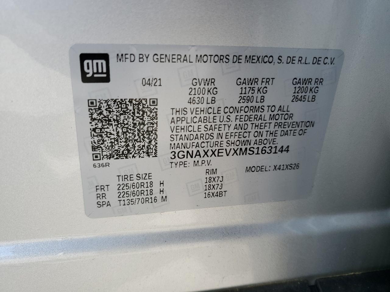 2021 Chevrolet Equinox Premier VIN: 3GNAXXEVXMS163144 Lot: 57052804