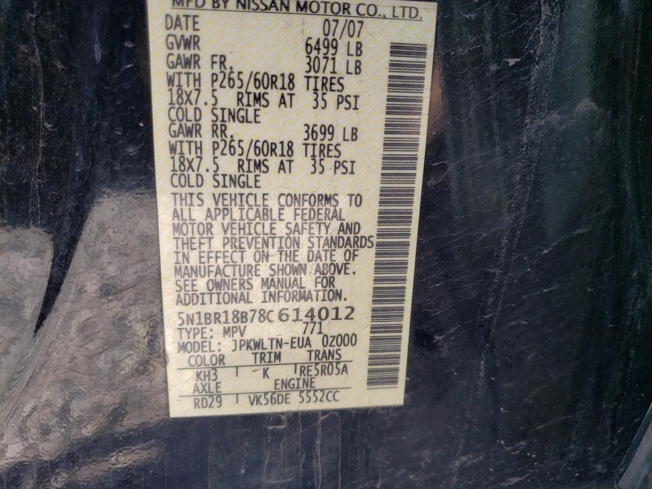2008 Nissan Pathfinder Le VIN: 5N1BR18B78C614012 Lot: 55045244