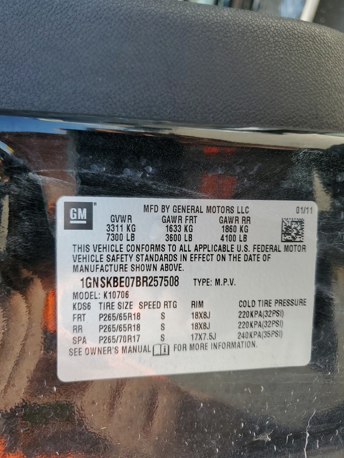 1GNSKBE07BR257508 2011 Chevrolet Tahoe K1500 Lt