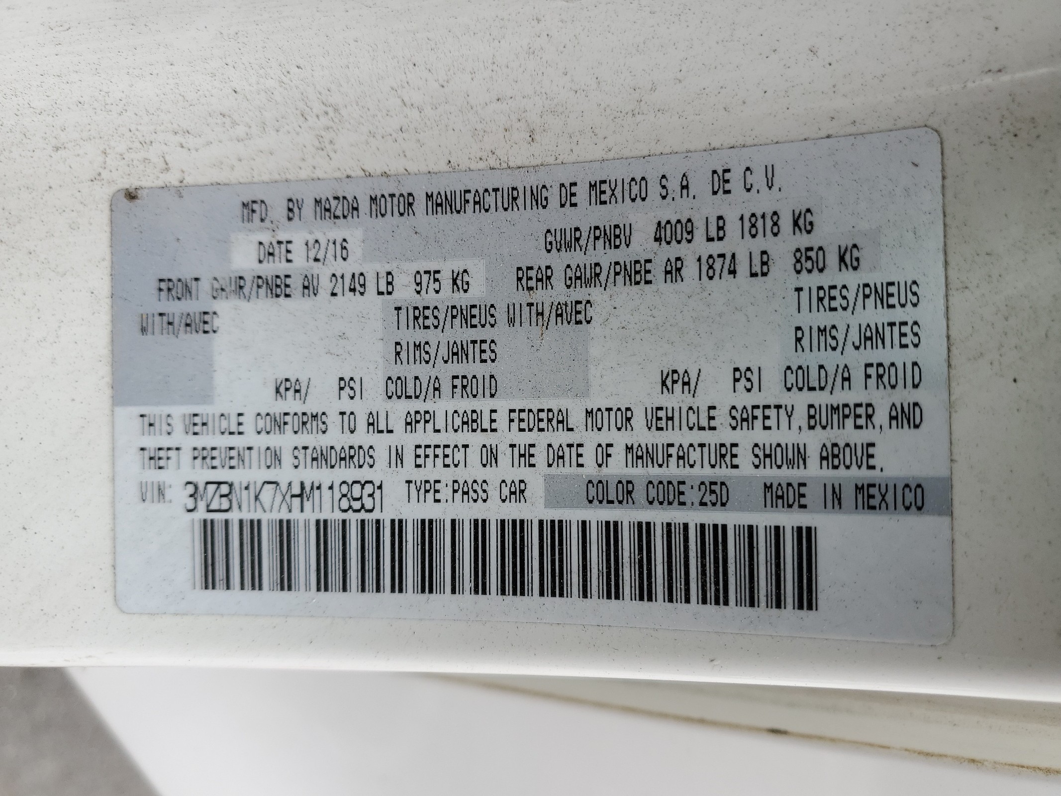 3MZBN1K7XHM118931 2017 Mazda 3 Sport