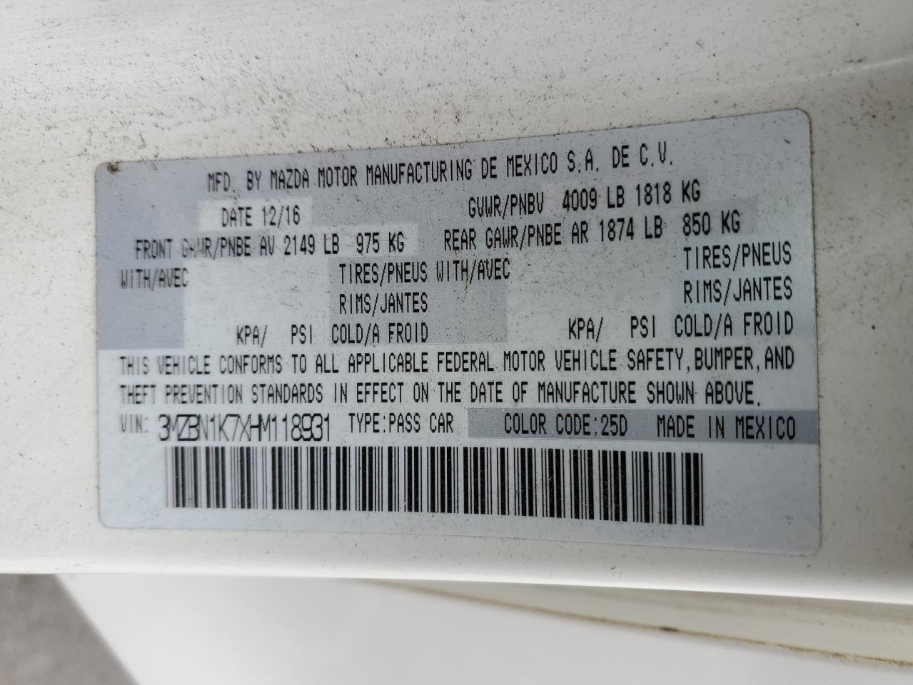 2017 Mazda 3 Sport VIN: 3MZBN1K7XHM118931 Lot: 55215224