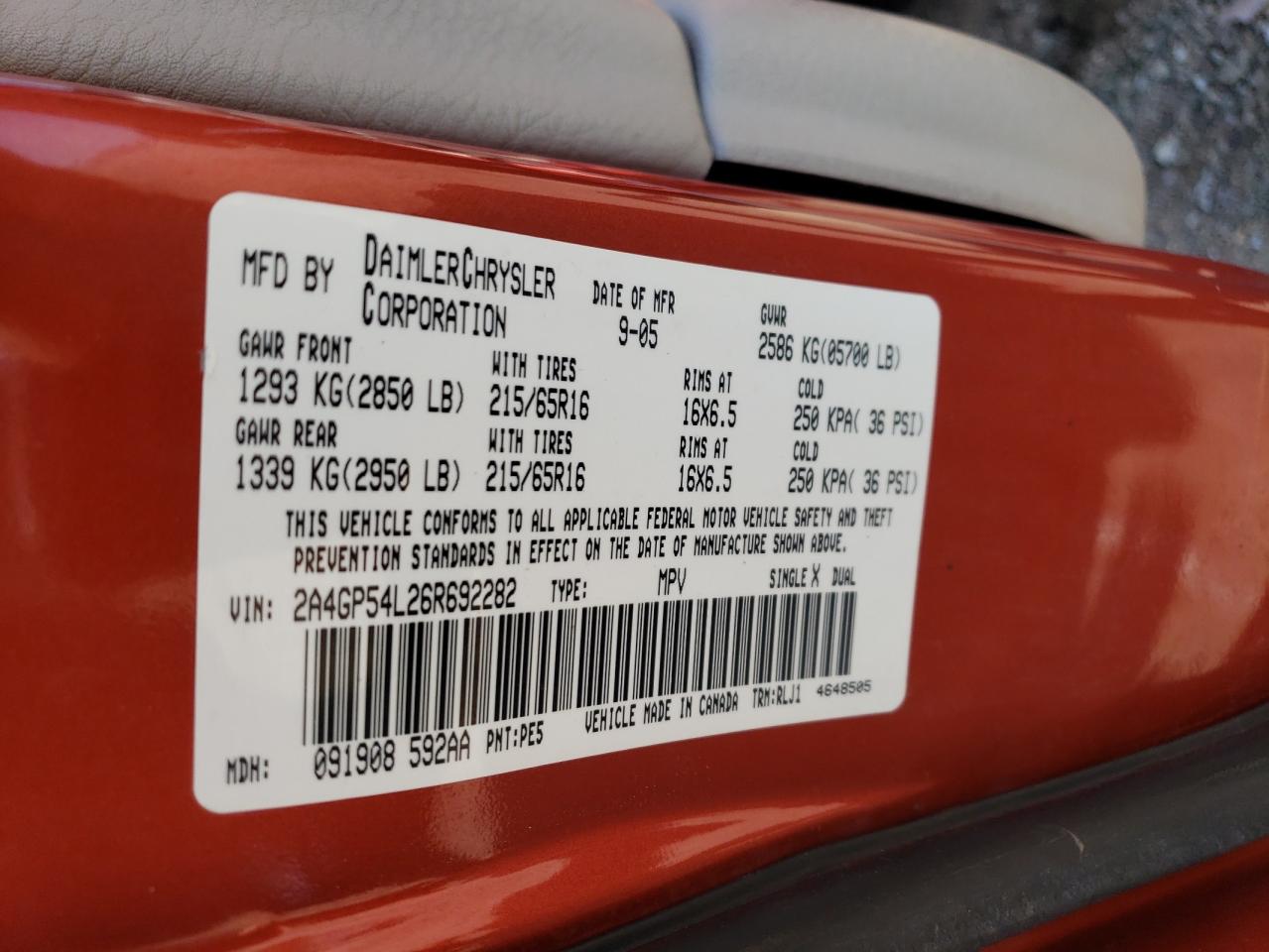 2006 Chrysler Town & Country Touring VIN: 2A4GP54L26R692282 Lot: 56050964