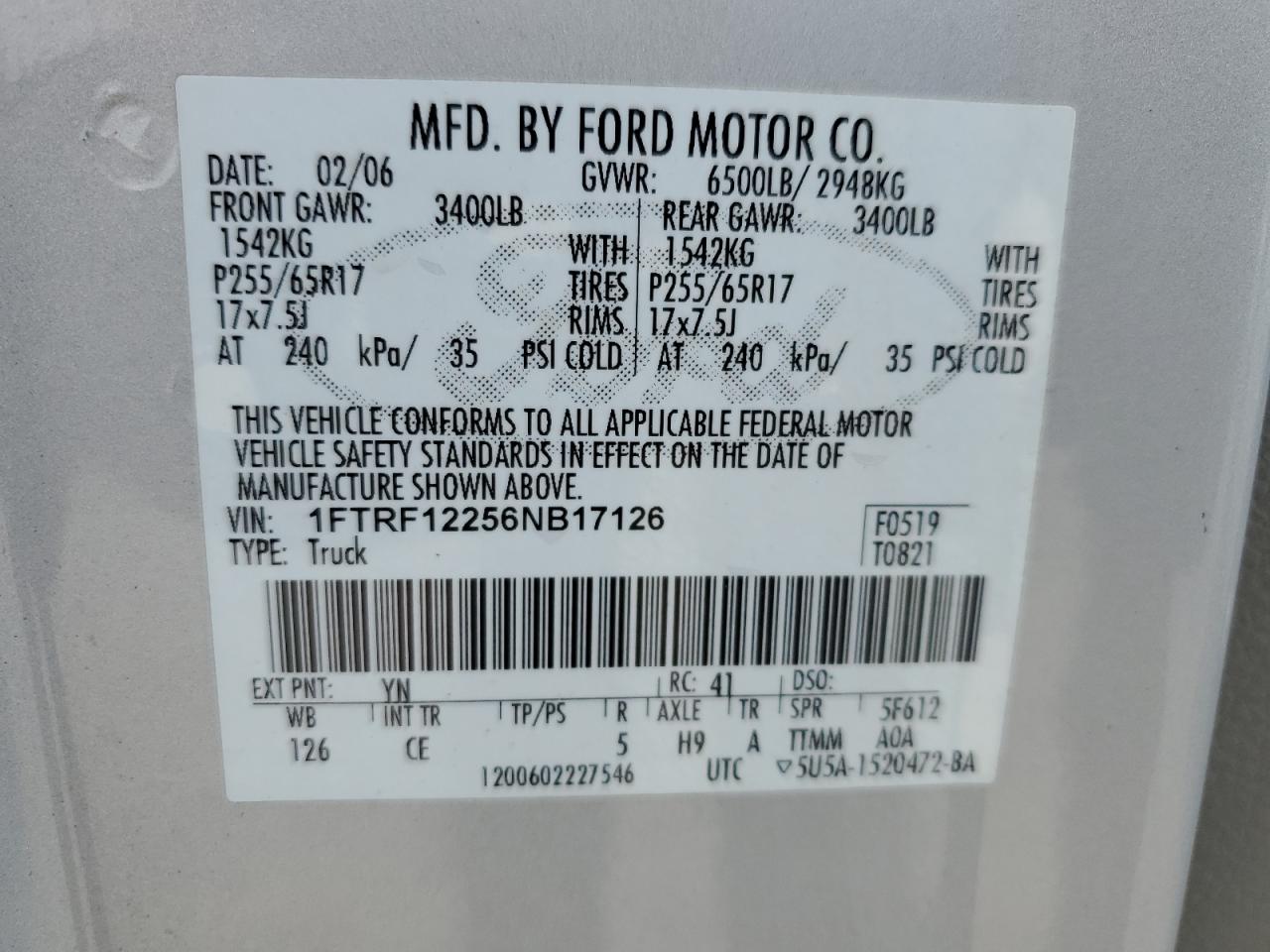 2006 Ford F150 VIN: 1FTRF12256NB17126 Lot: 55515634