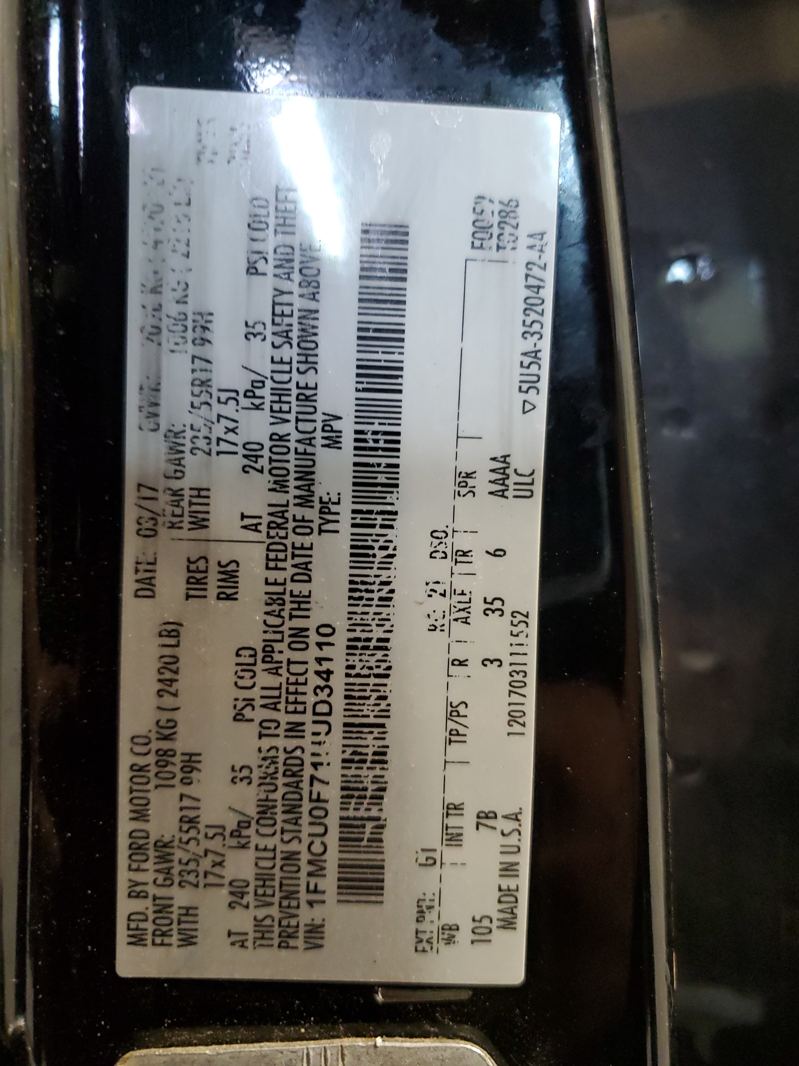 1FMCU0F71HUD34110 2017 Ford Escape S