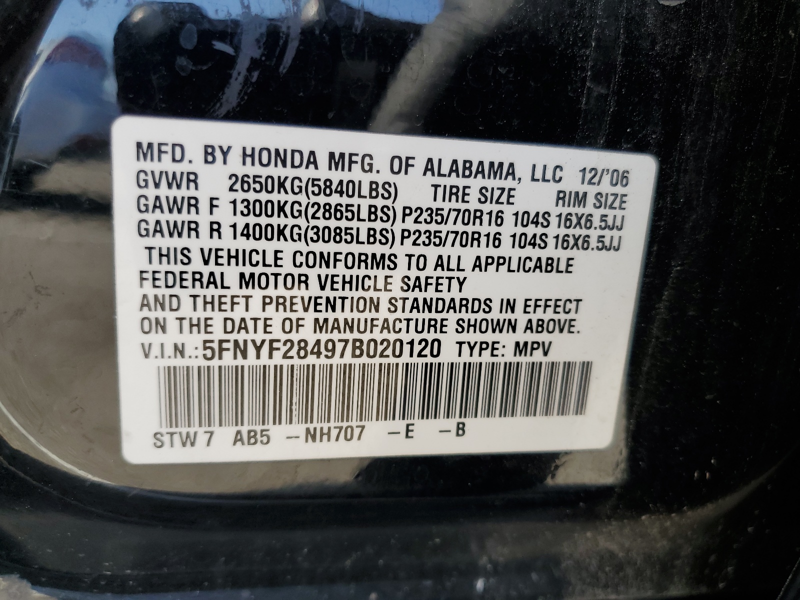 5FNYF28497B020120 2007 Honda Pilot Ex