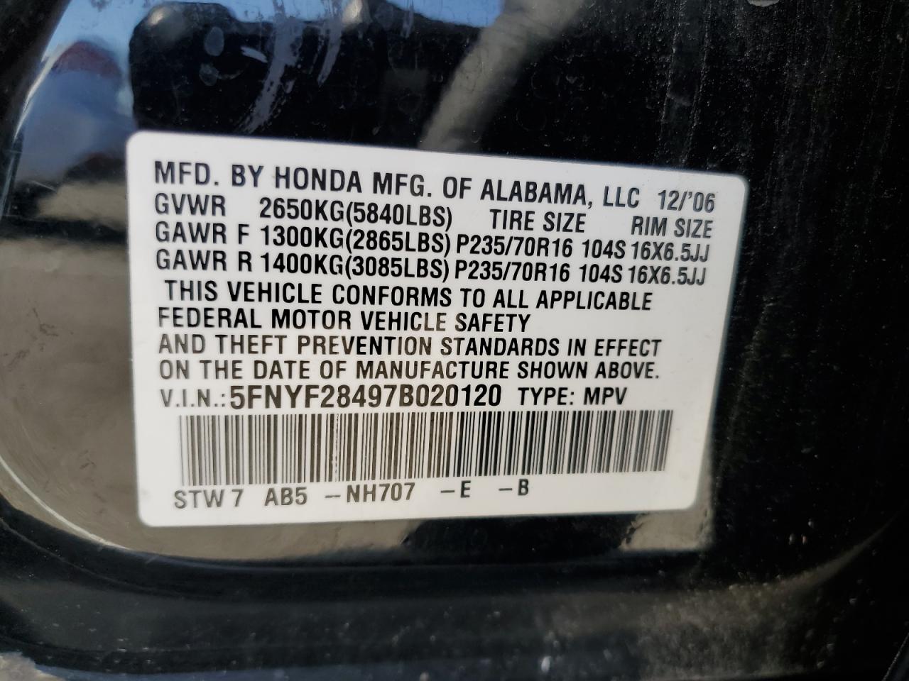 2007 Honda Pilot Ex VIN: 5FNYF28497B020120 Lot: 54454024